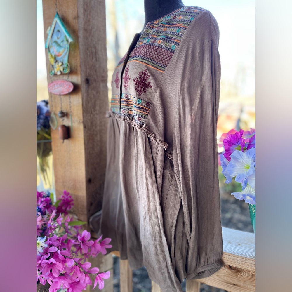 Indigo Soul Soft Crinkle Crepe Long Sleeve Embroidered Design Southwestern Dress - Picture 5 of 8